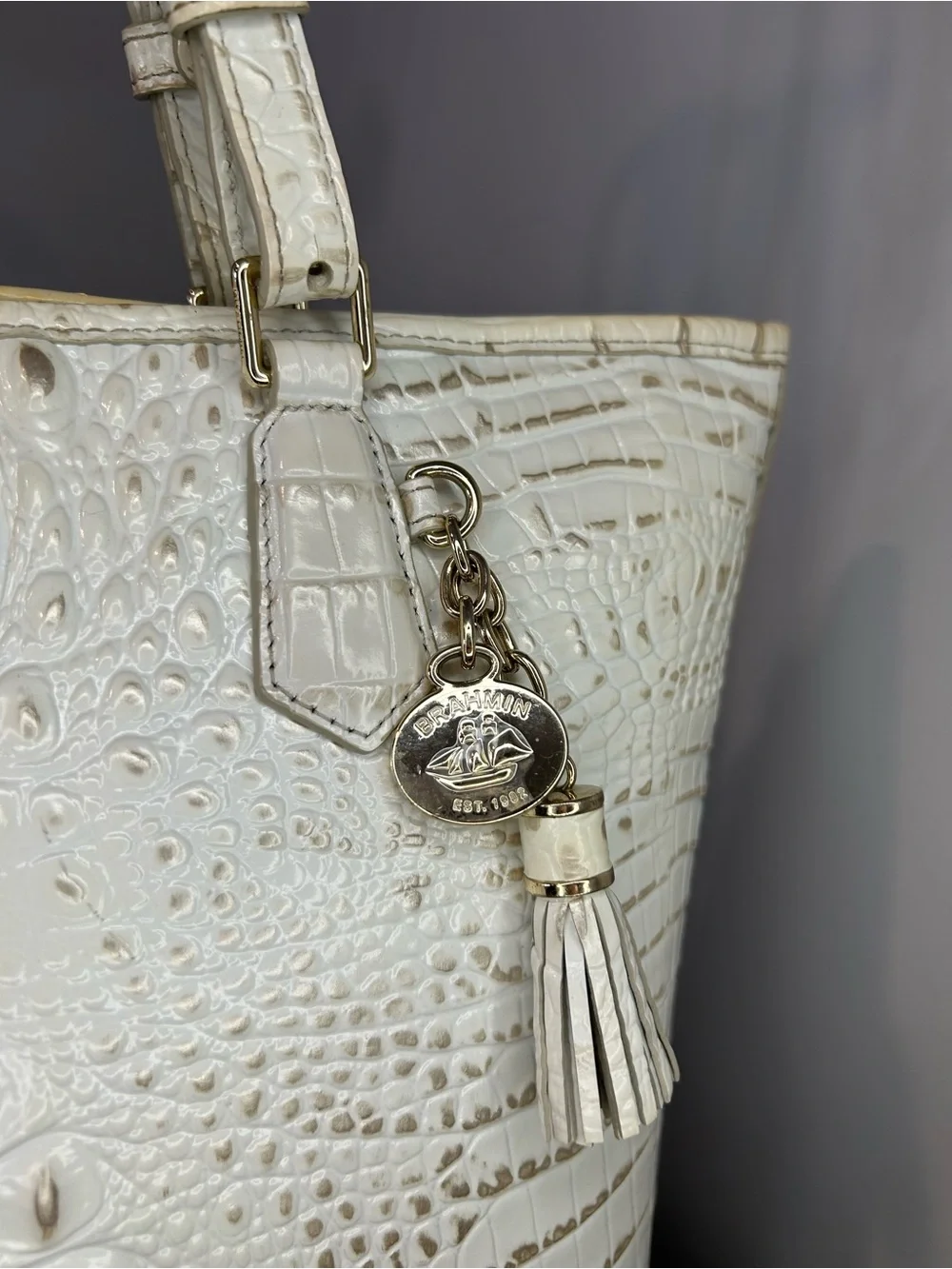 Brahmin Medium Asher White Melbourne Croc Embossed Leather Tote with Tassel